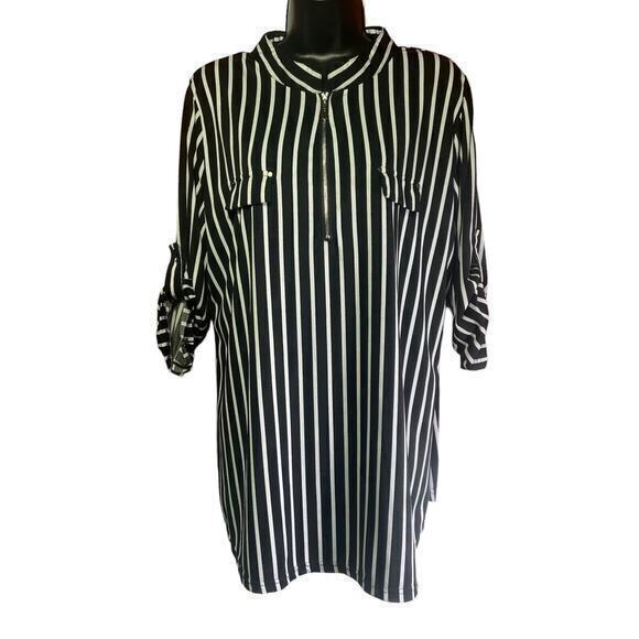 Ninedaily Blouse Black White Stripe 3/4 Sleeve Button Zipper Front Plus Size 2XL - Picture 7 of 11